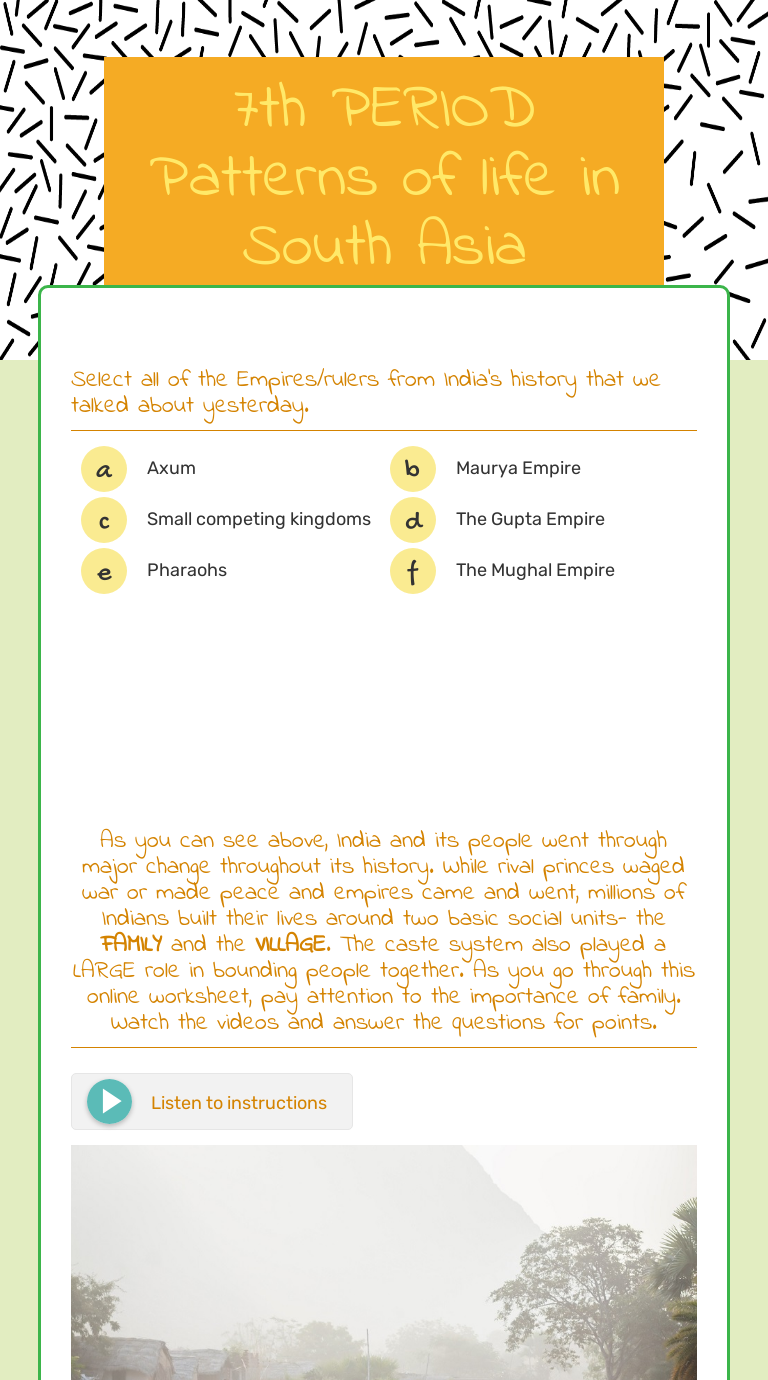 7th PERIOD Patterns of life in South Asia worksheet preview image