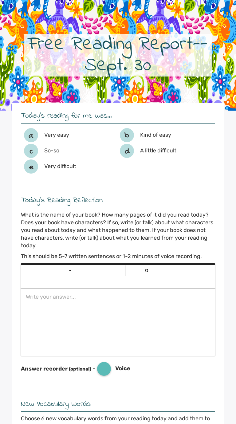 Free Reading Report--Sept. 30 worksheet preview image