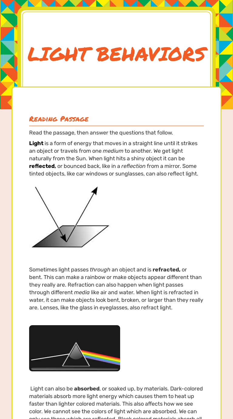 light Behaviors | Interactive Worksheet by Diane Duncan | Wizer.me