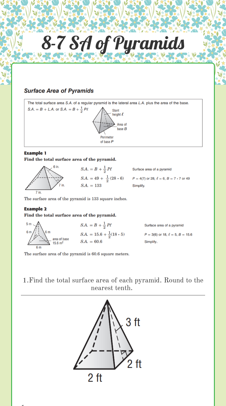 20-20 SA of Pyramids  Interactive Worksheet by Cynthia Peralta With Surface Area Of Pyramid Worksheet