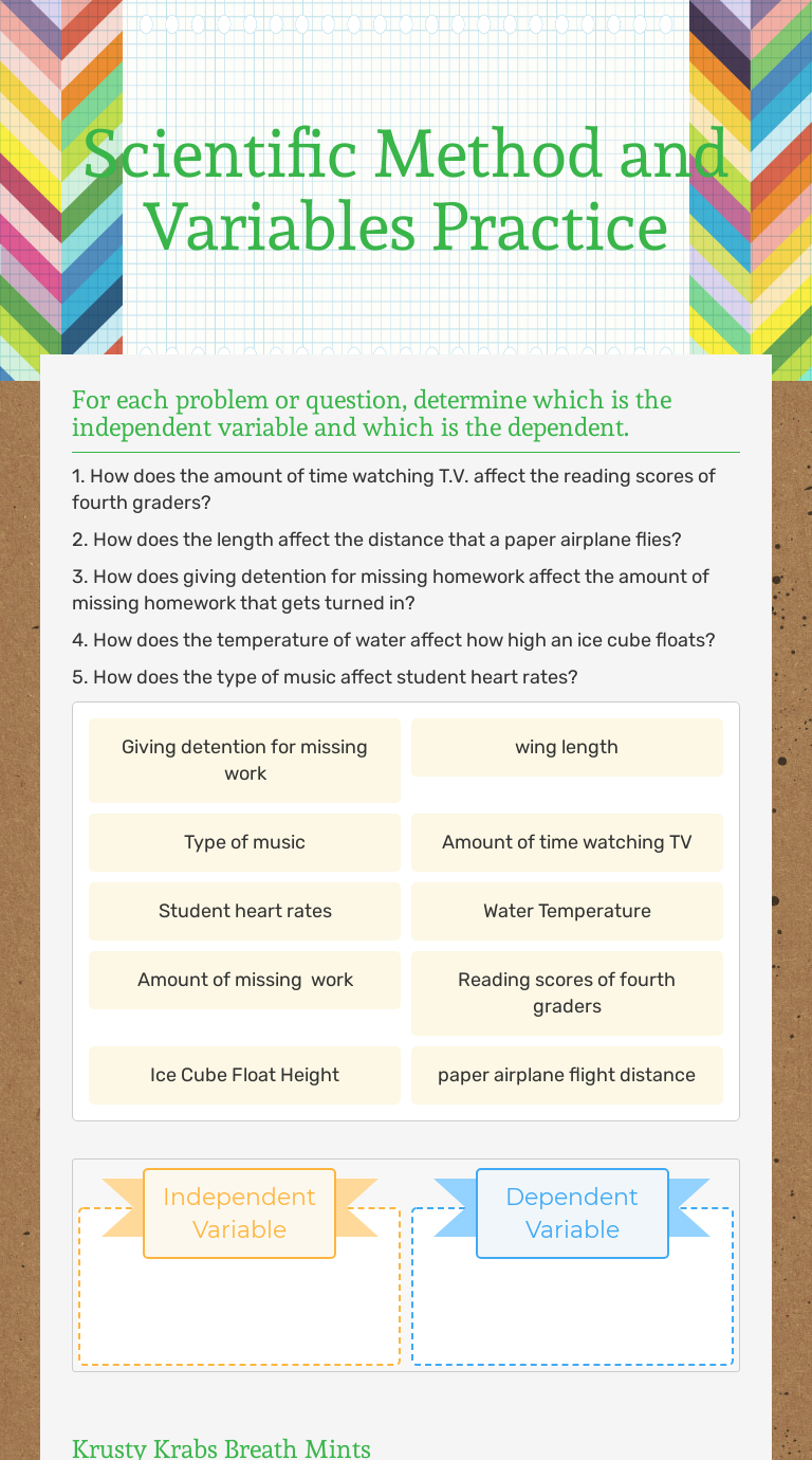 variables in science experiments worksheet