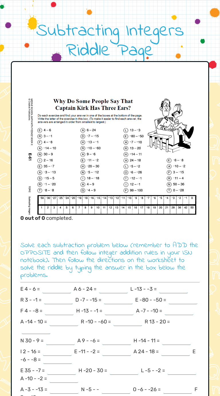 Subtracting Integers Riddle Page Interactive Worksheet By Meredith Tatro Wizer Me