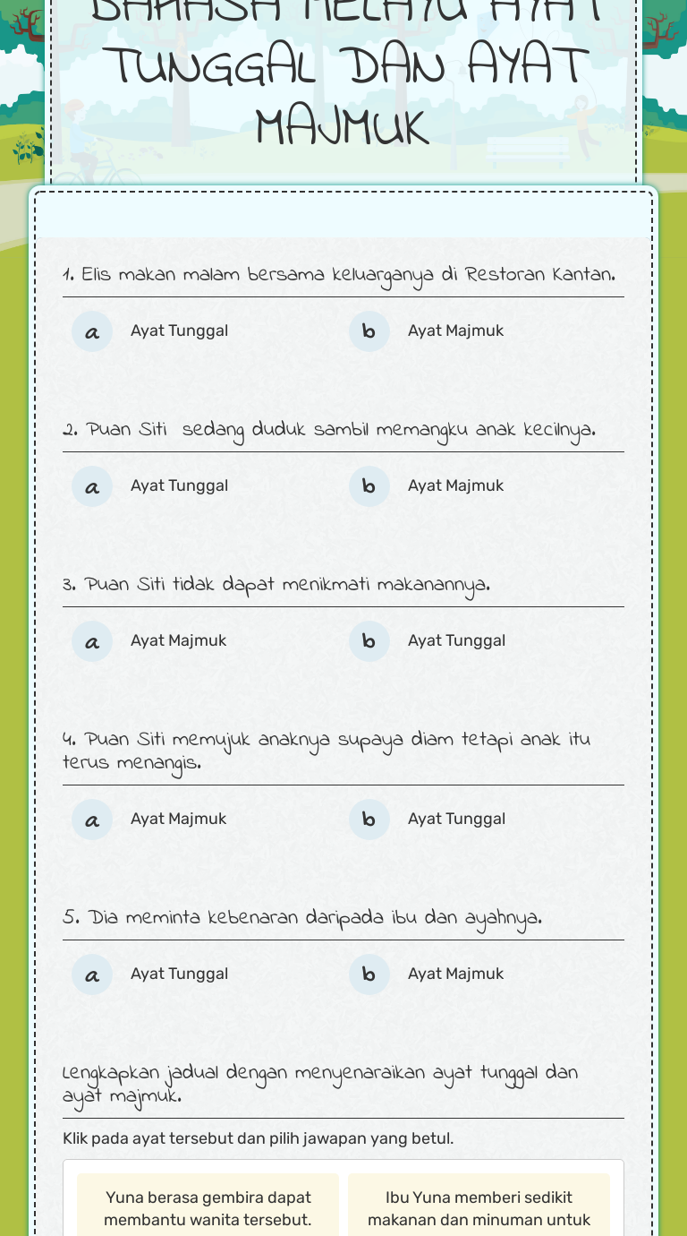 BAHASA MELAYU 
  AYAT TUNGGAL DAN AYAT MAJMUK worksheet preview image