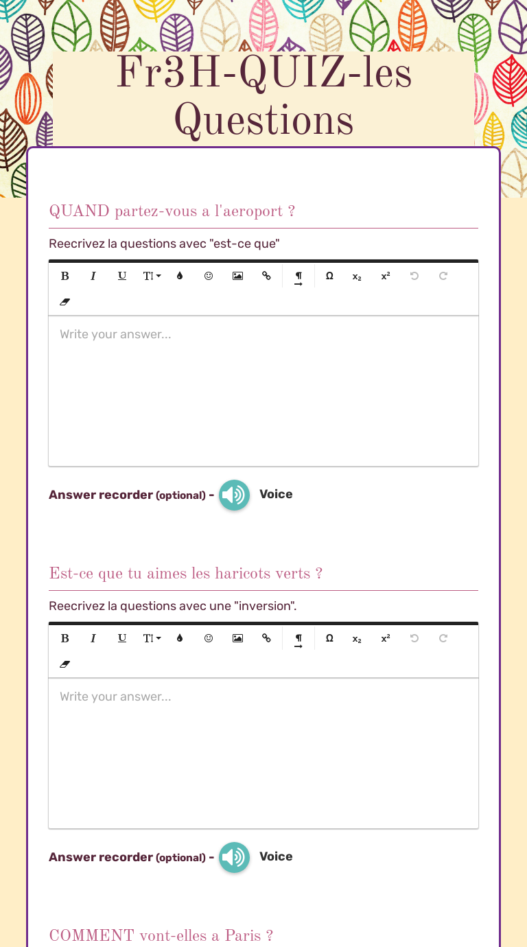 Fr3h Quiz Les Questions Interactive Worksheet By Sophie Adams Wizer Me