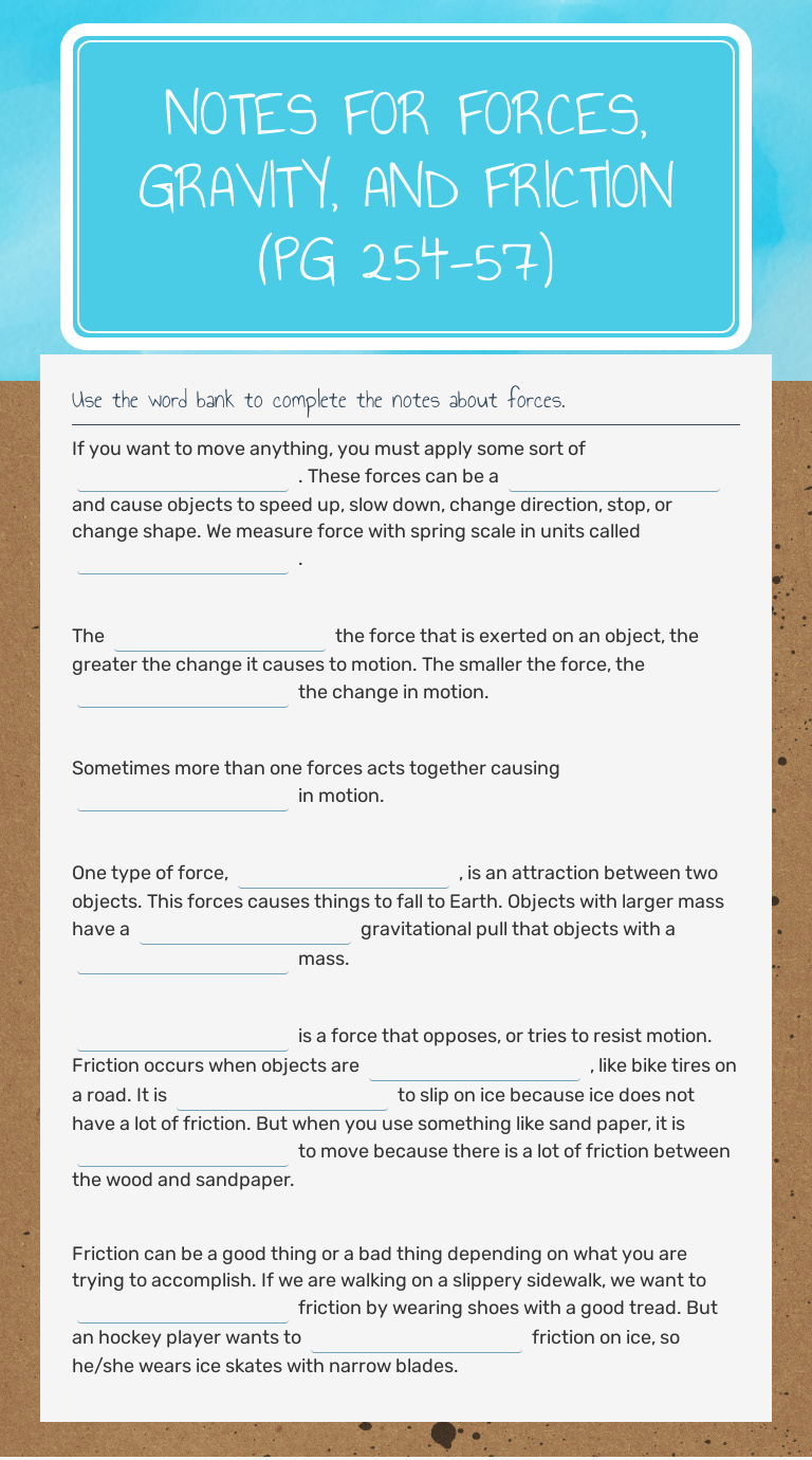 Notes for Forces, Gravity, and Friction (pg 24-24)  Interactive With Friction And Gravity Worksheet