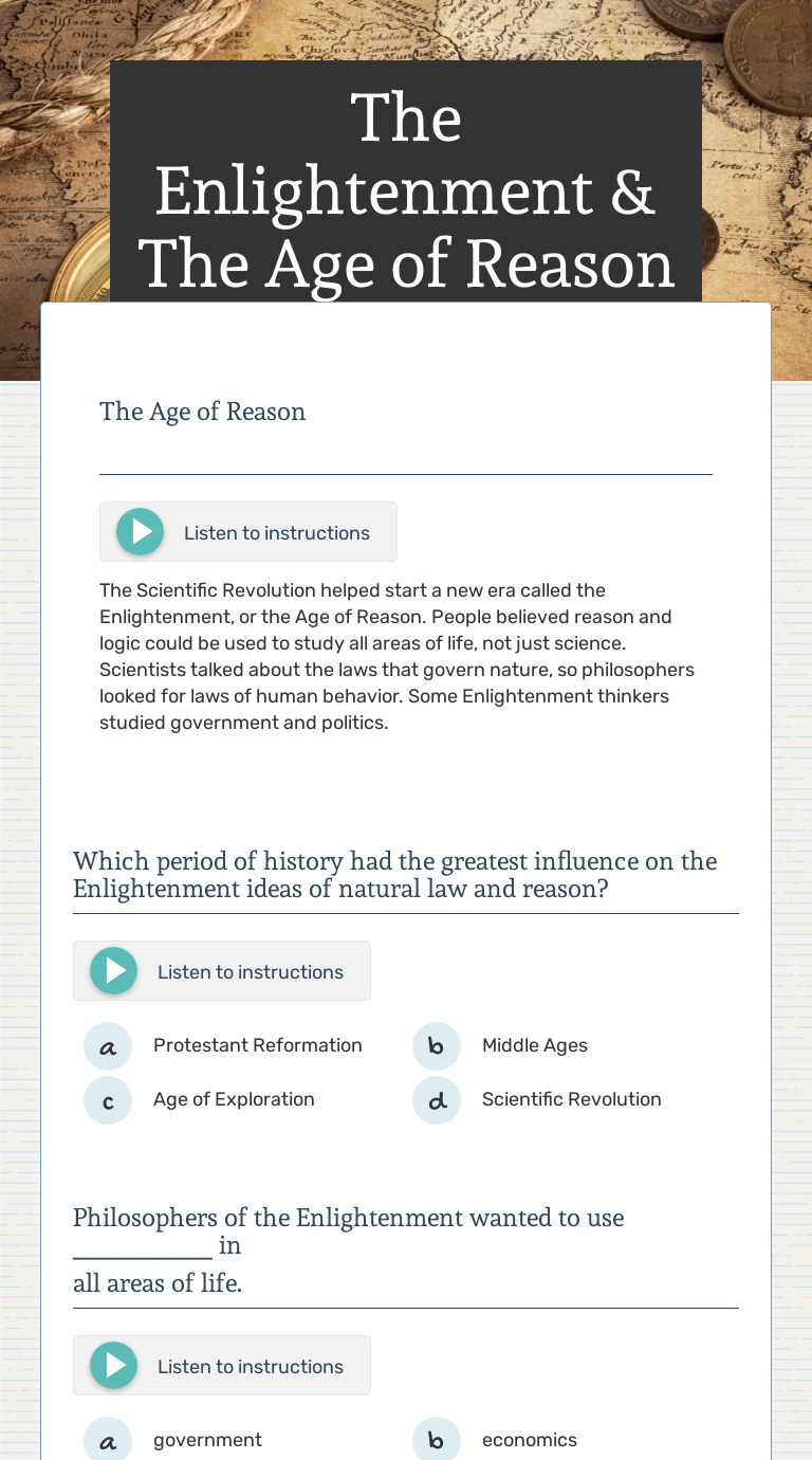 The Enlightenment And The Age Of Reason Interactive Worksheet By Ashley Harford Wizer Me