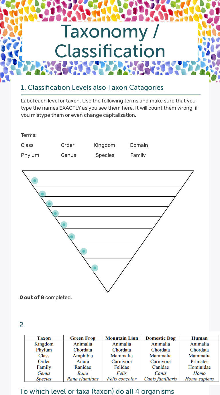 Taxonomy / Classification worksheet