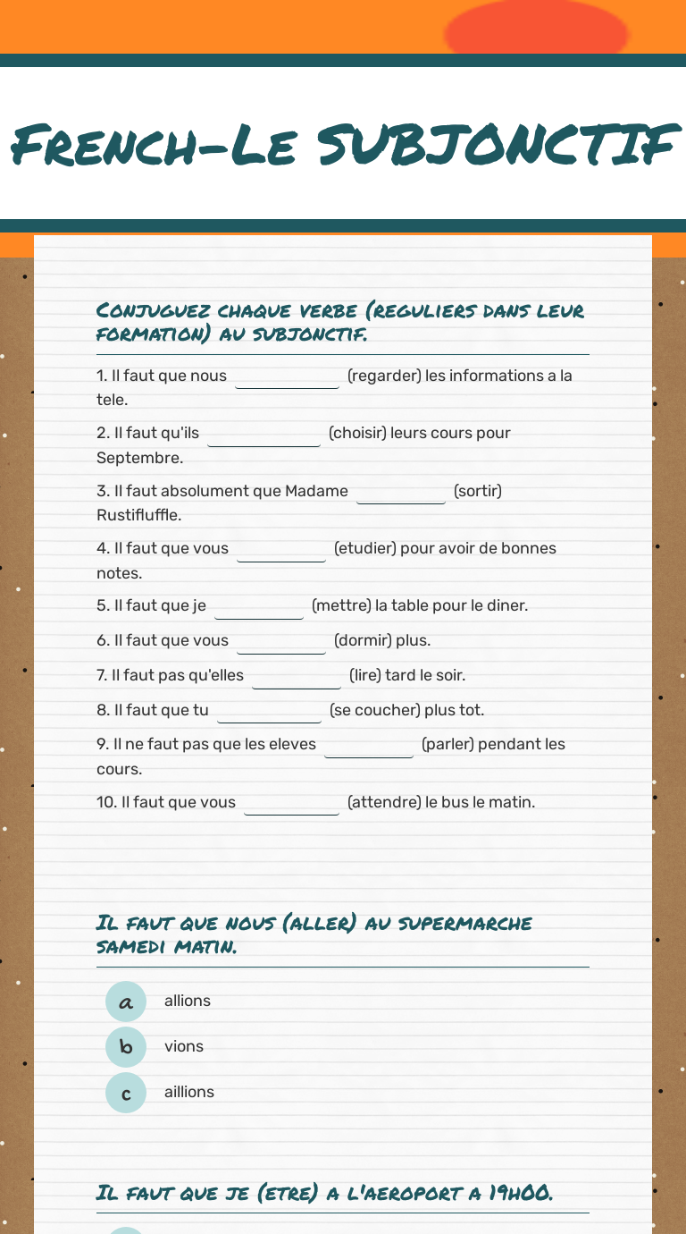 French-Le SUBJONCTIF Grade 10 worksheet preview