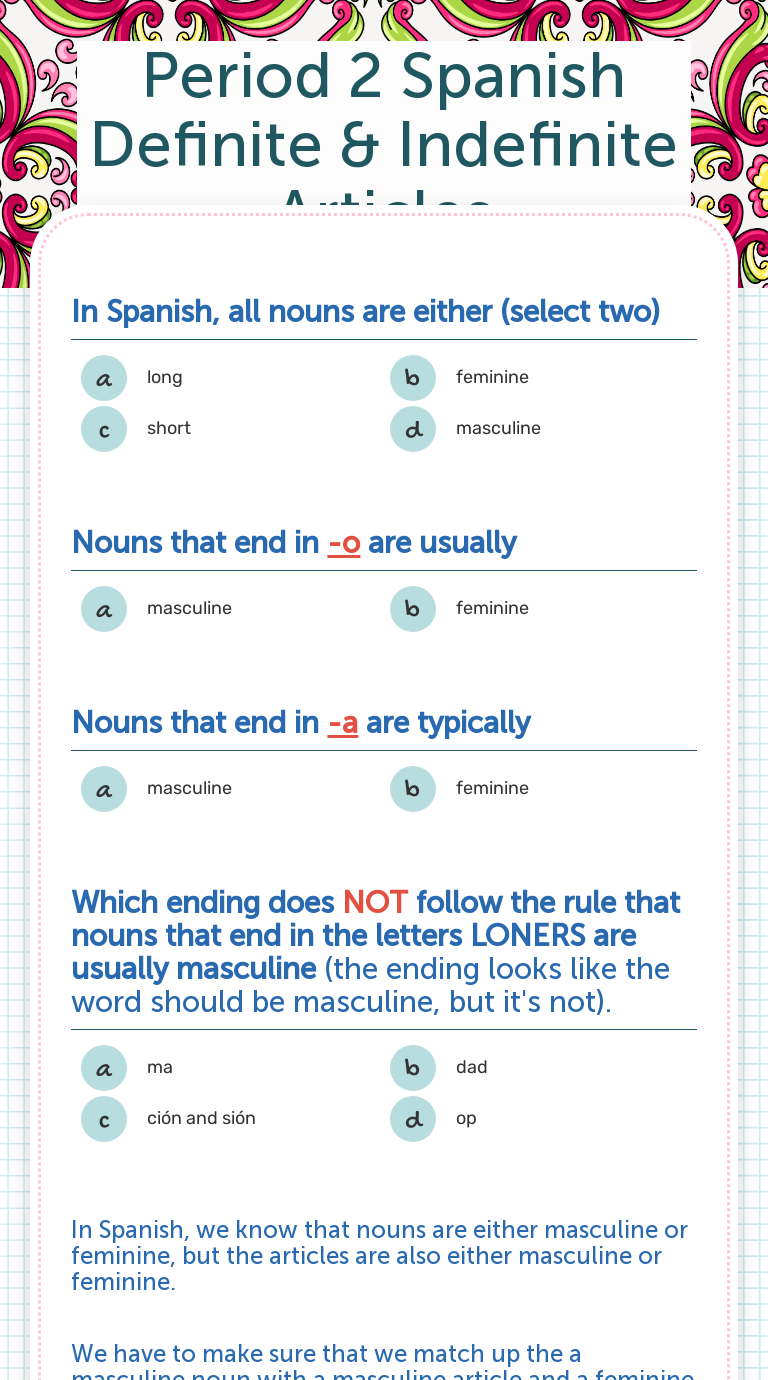 Period 2 Spanish Definite & Indefinite Articles | Interactive Worksheet ...