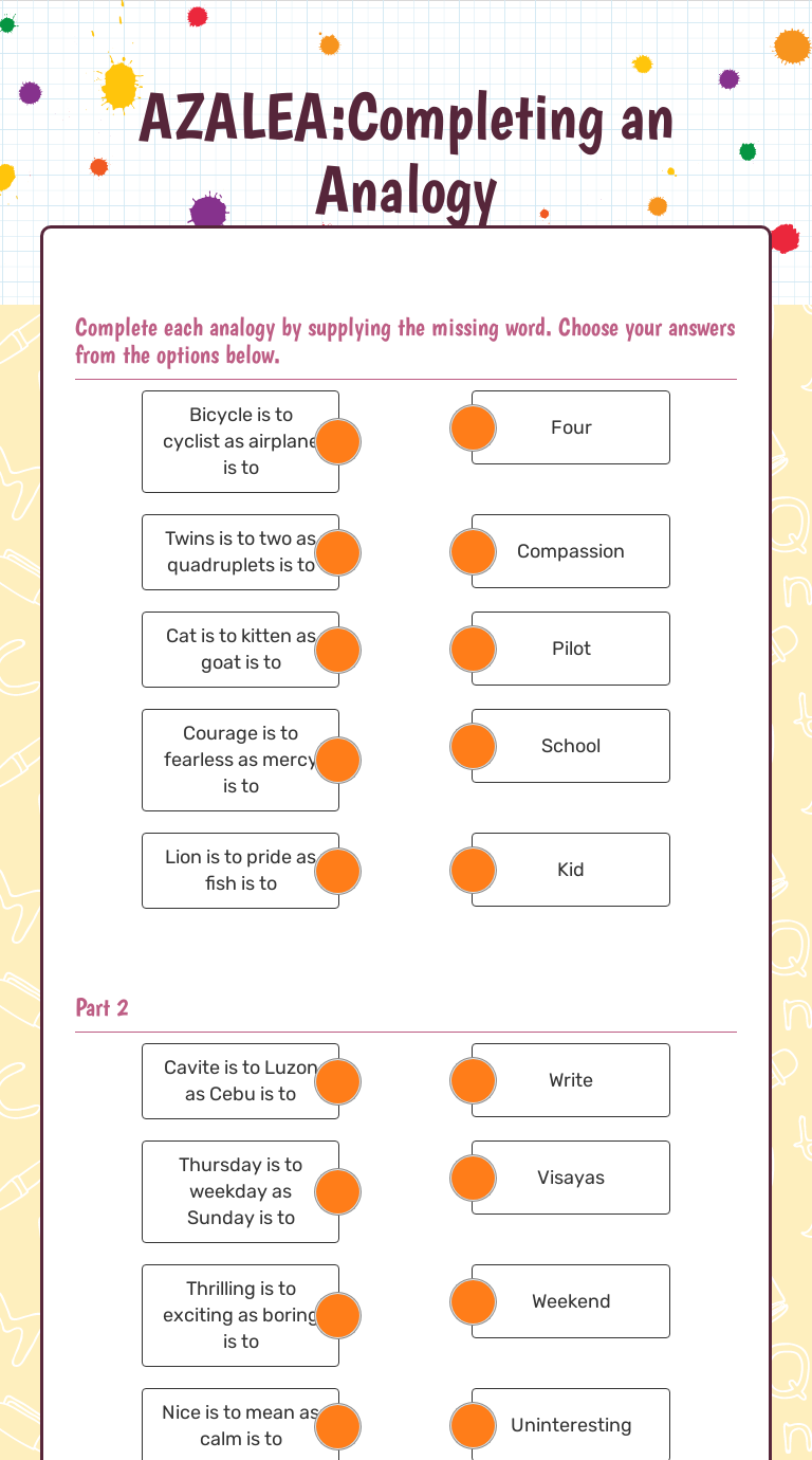AZALEA Completing An Analogy Interactive Worksheet By Claire 