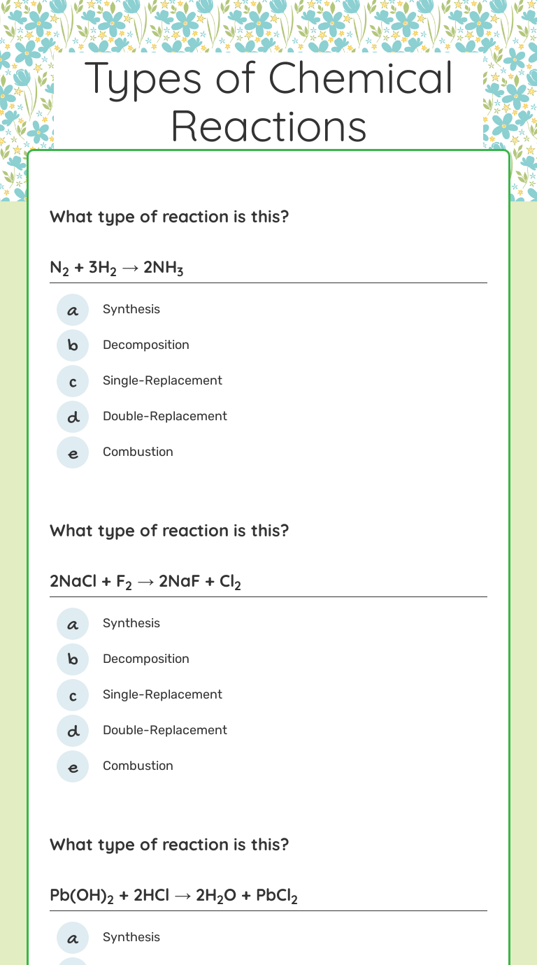 Types of Chemical Reactions worksheet preview image