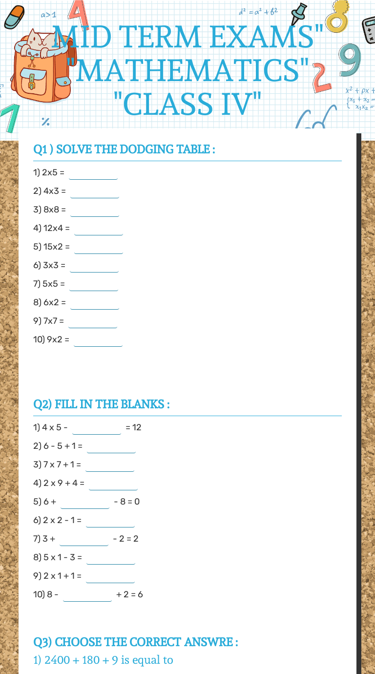 MID TERM EXAMS" "MATHEMATICS" "CLASS IV" worksheet preview image