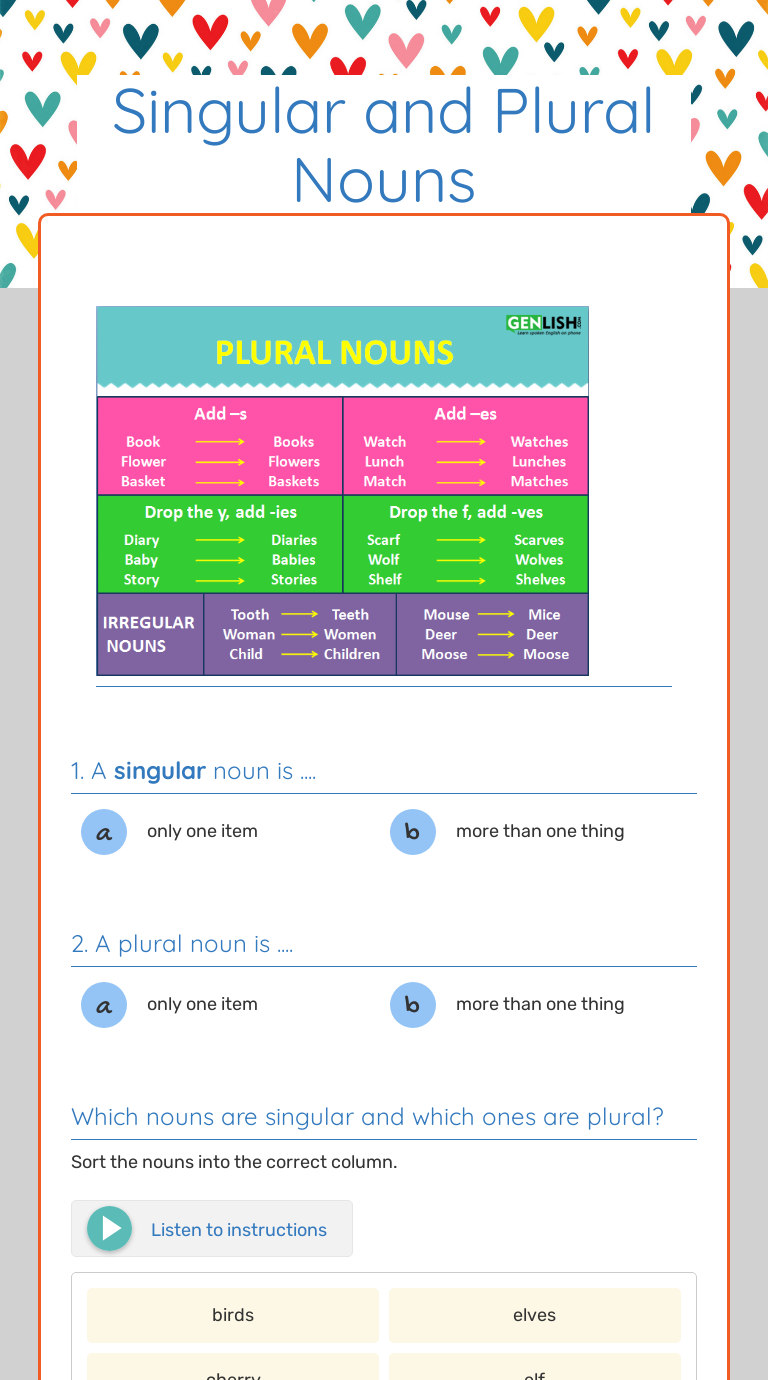 Singular And Plural Nouns Interactive Worksheet By Miss Daniela Robayo Wizerme