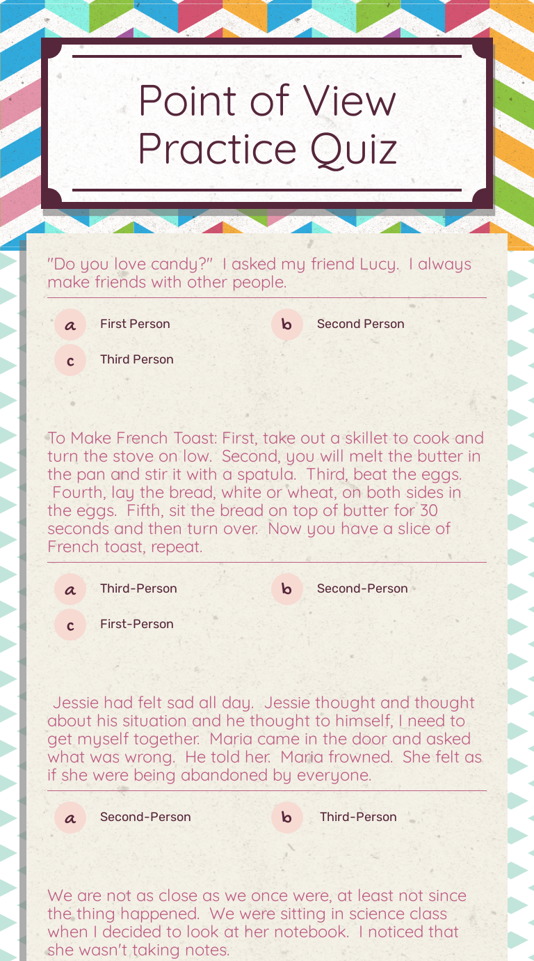 Point of View Practice Quiz worksheet preview image