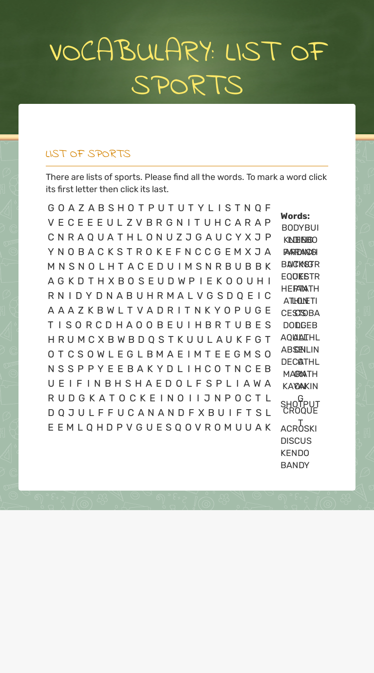 VOCABULARY: LIST OF SPORTS worksheet preview image