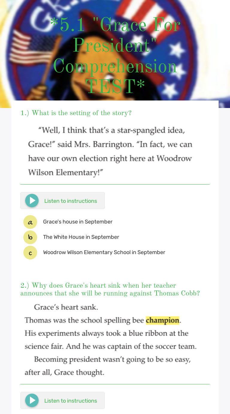 *5.1 "Grace For President" Comprehension TEST* worksheet preview image