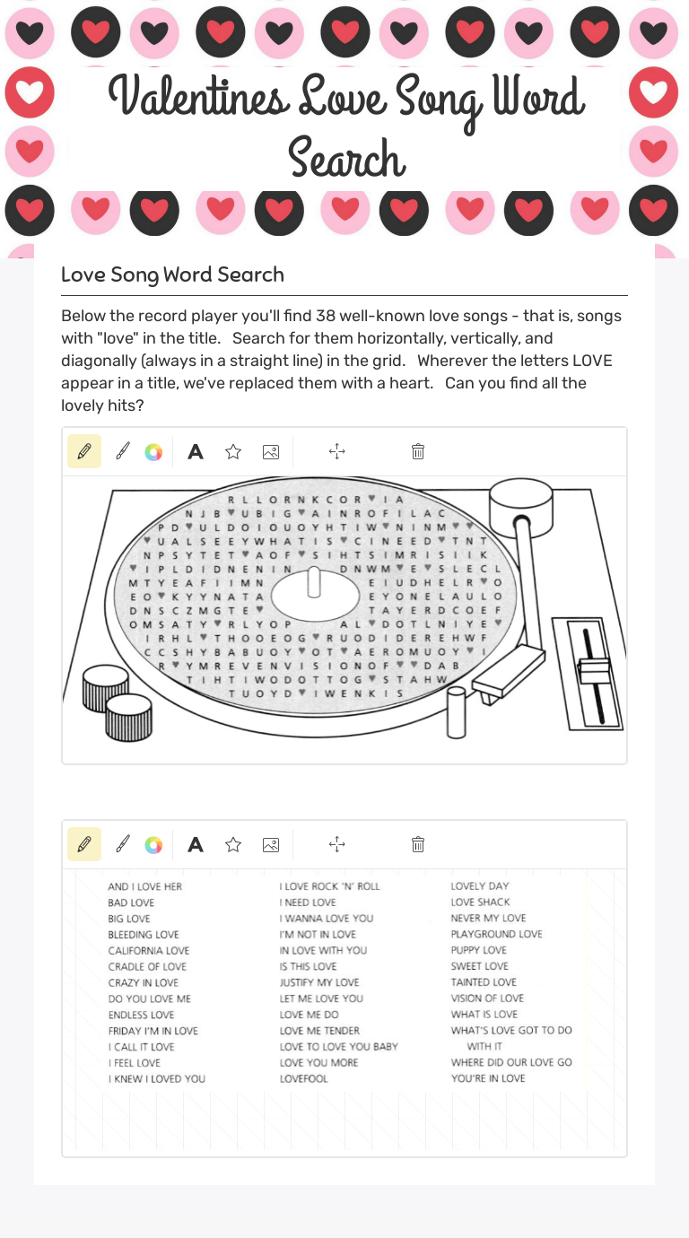 Valentines Love Song Word Search Grade 10 worksheet preview