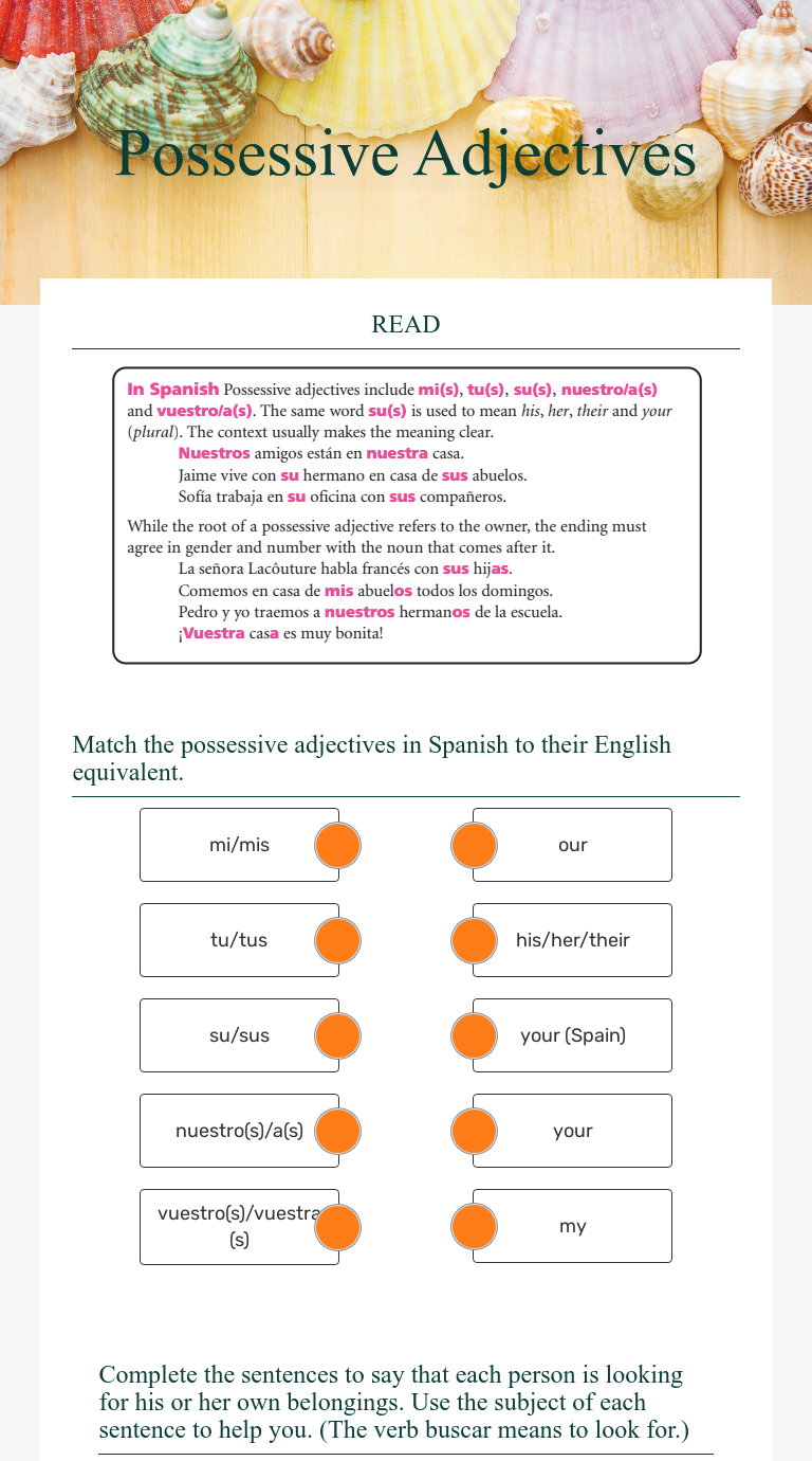 Stressed Possessive Adjectives In Spanish Worksheet