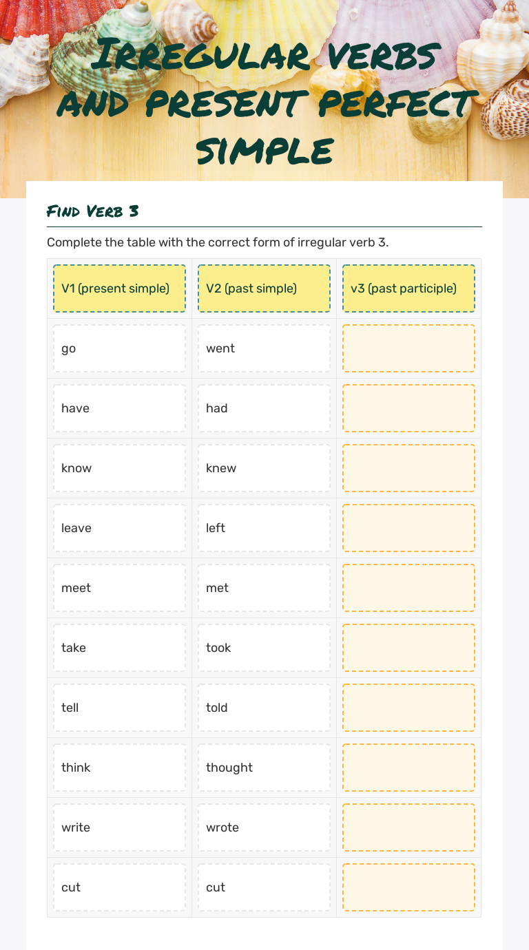 Irregular verbs and present perfect simple worksheet preview image