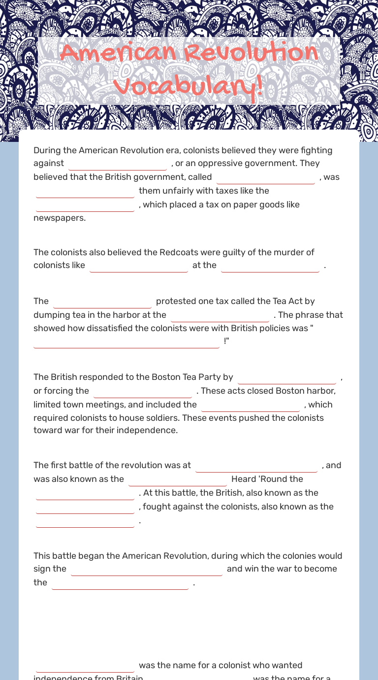 American Revolution Vocabulary! worksheet preview