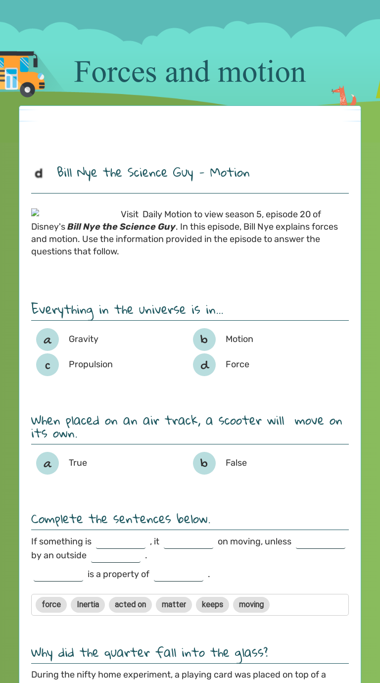 Bill Nye Motion Worksheet Answers