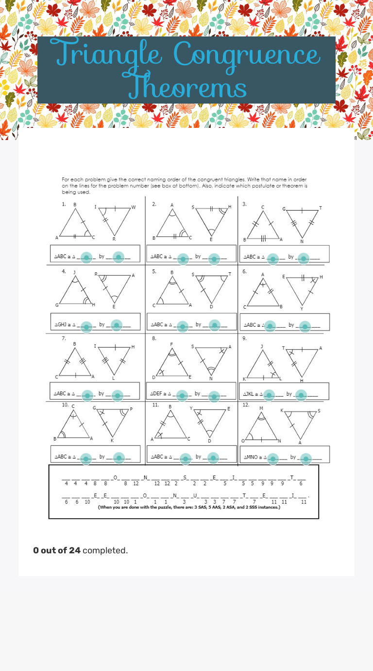 Triangle Congruence Theorems worksheet preview image