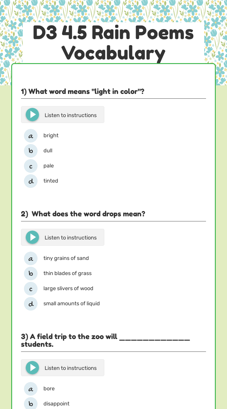 D3 4.5 Rain Poems Vocabulary Grade 2 worksheet preview
