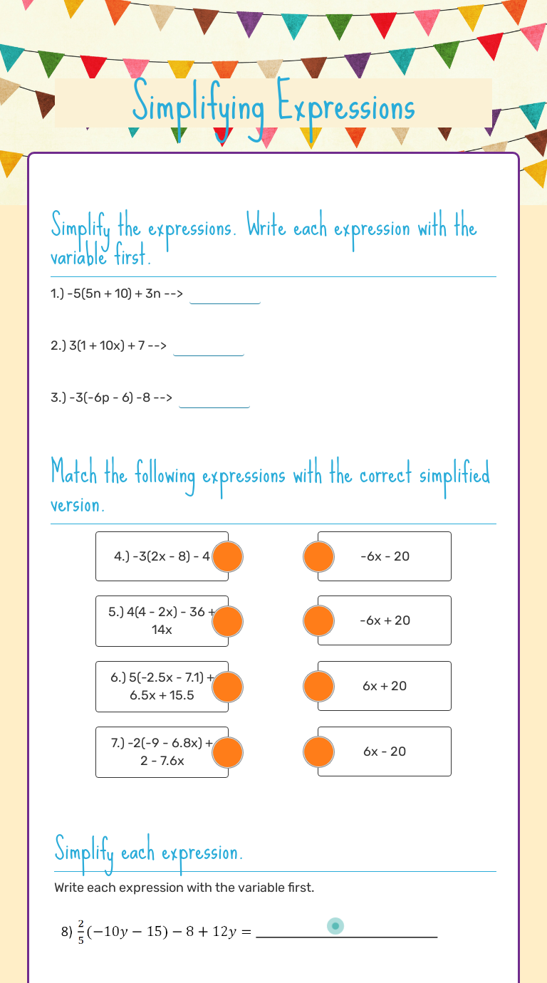 Simplifying Expressions Interactive Worksheet by Shelby Wambold