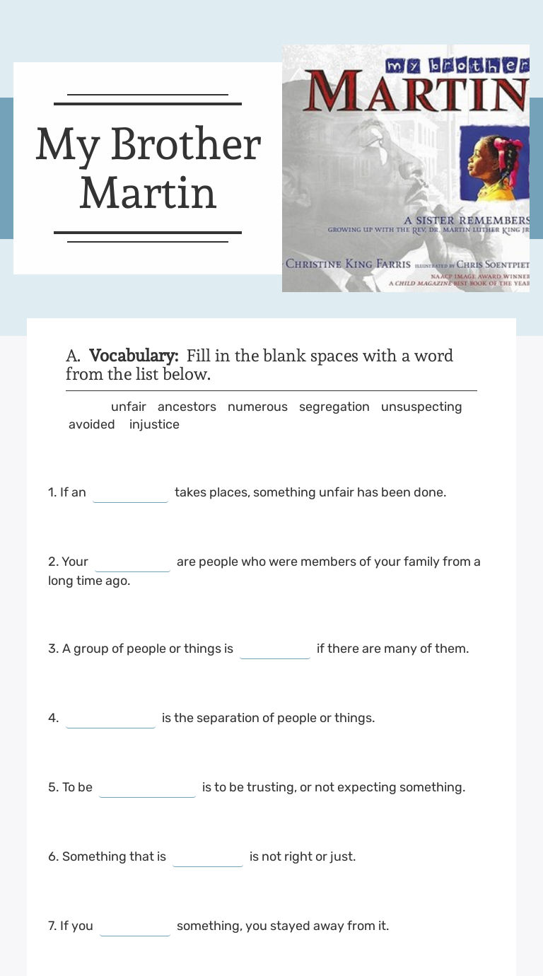 My Brother Martin | Interactive Worksheet by Derek Osborne | Wizer.me
