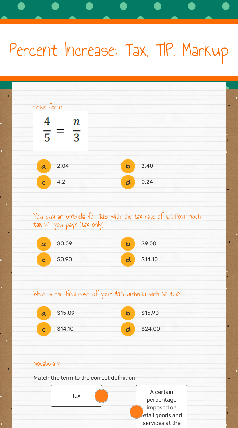 Percent Increase Tax, TIP, Markup Interactive Worksheet by Emily Mitchell Wizer.me