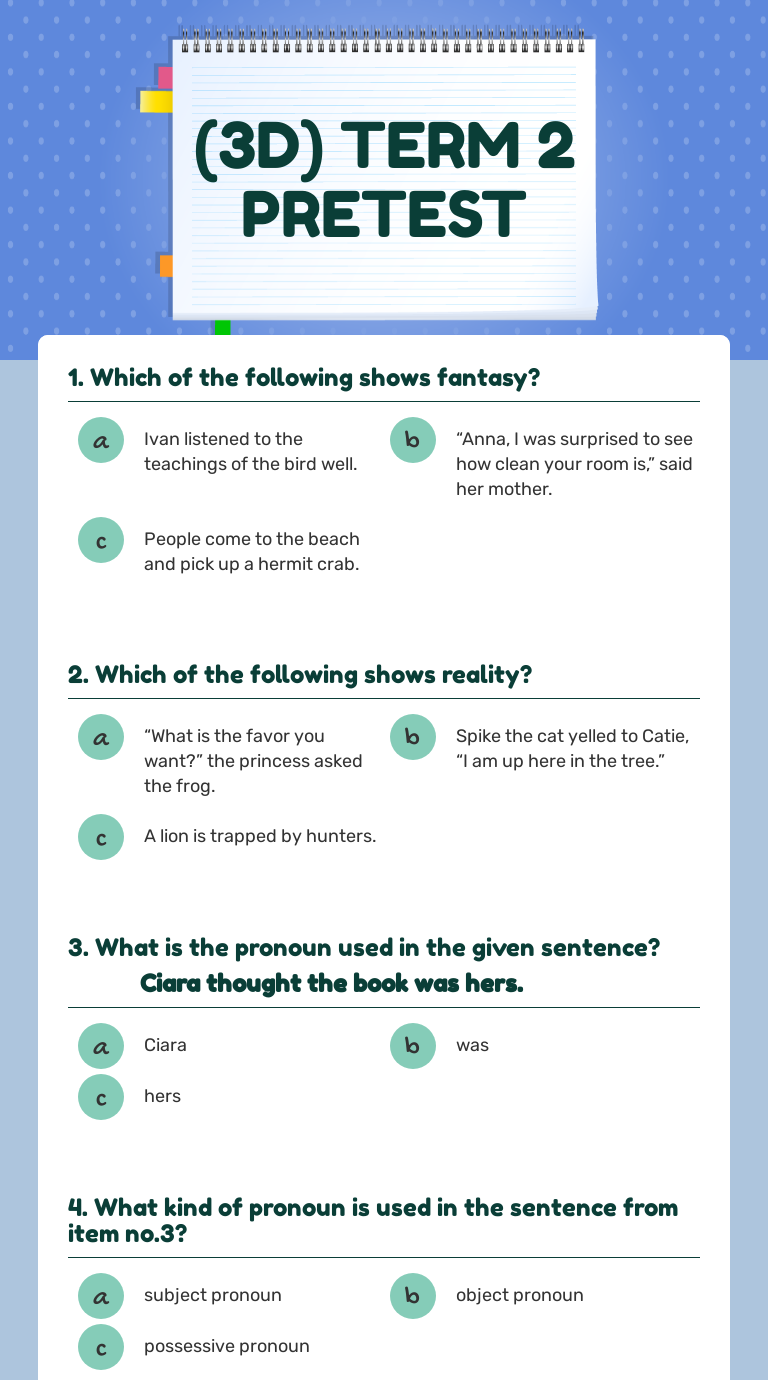 (3D) TERM 2 PRETEST | Interactive Worksheet By R Herrera | Wizer.me