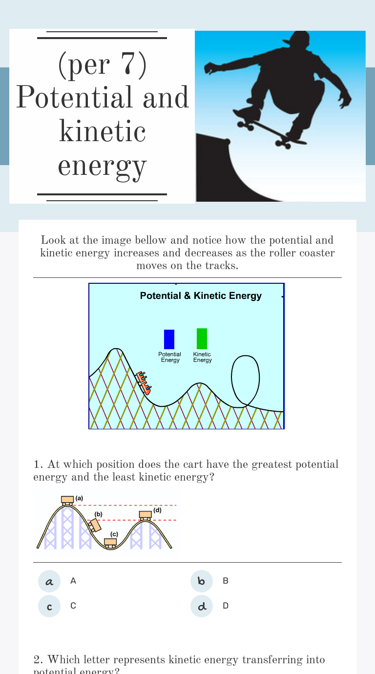 per 20) Potential and kinetic energy  Interactive Worksheet by Intended For Potential Vs Kinetic Energy Worksheet