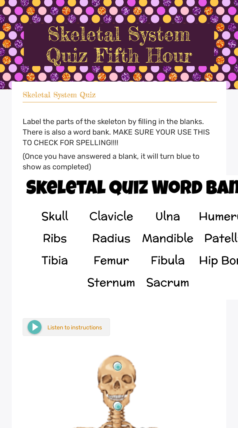 Skeletal System Quiz
Fifth Hour worksheet preview image
