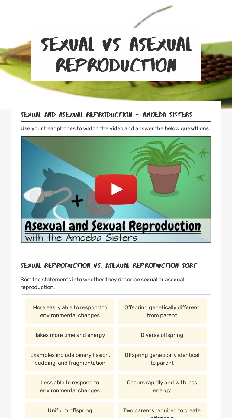 Sexual Vs Asexual Reproduction Interactive Worksheet By Aneisha Turner Wizerme 