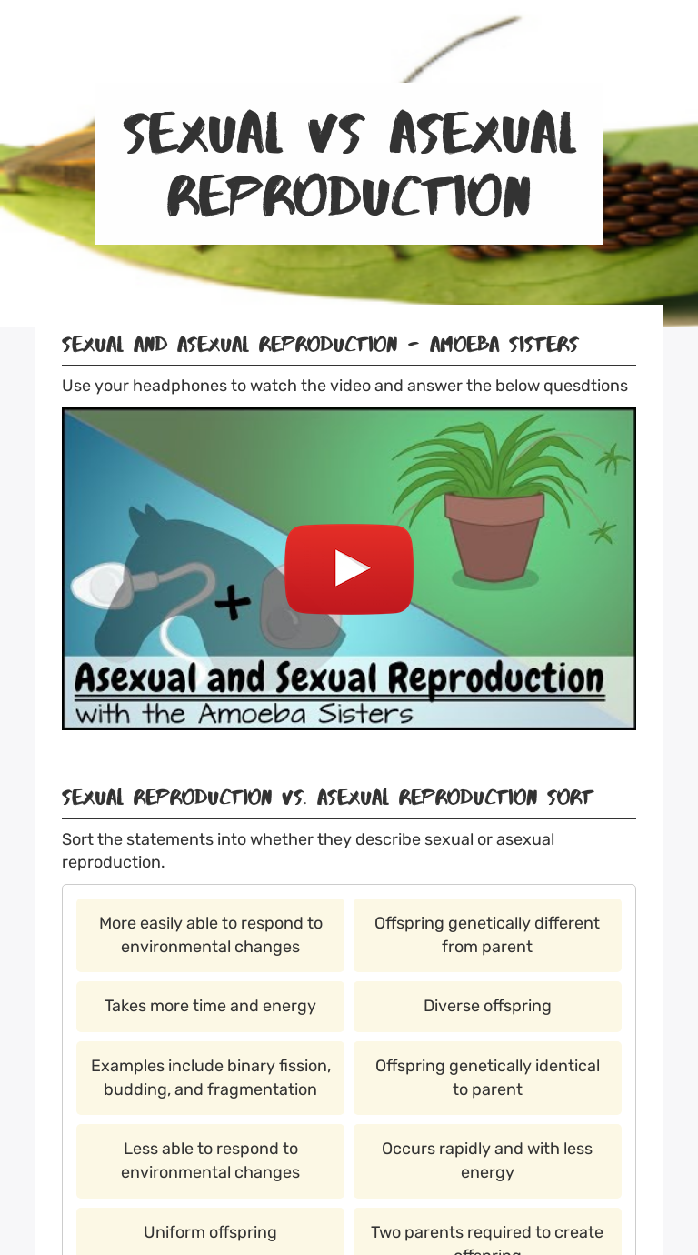 Sexual Vs Asexual Reproduction Interactive Worksheet By Aneisha Turner Wizerme 0494