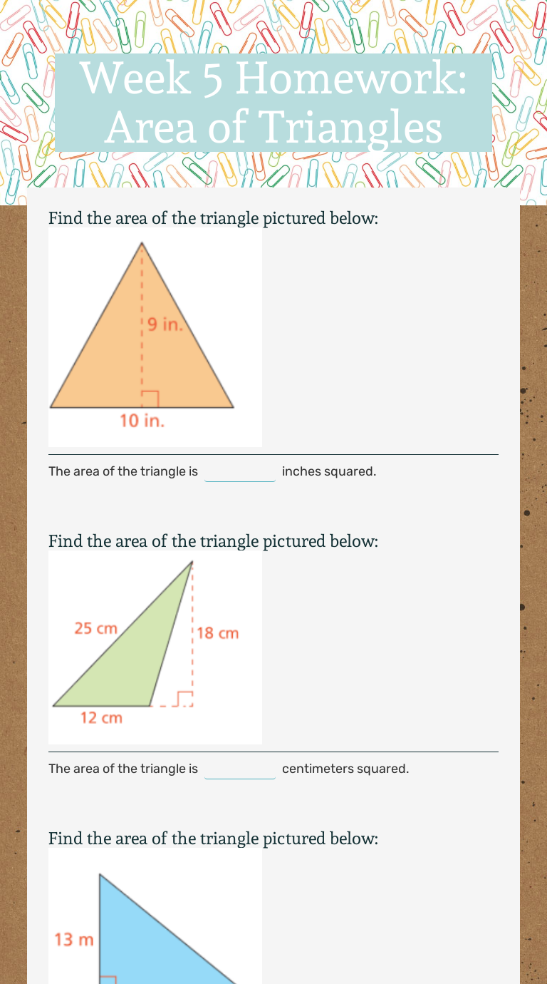 Week 5 Homework: Area of Triangles worksheet preview