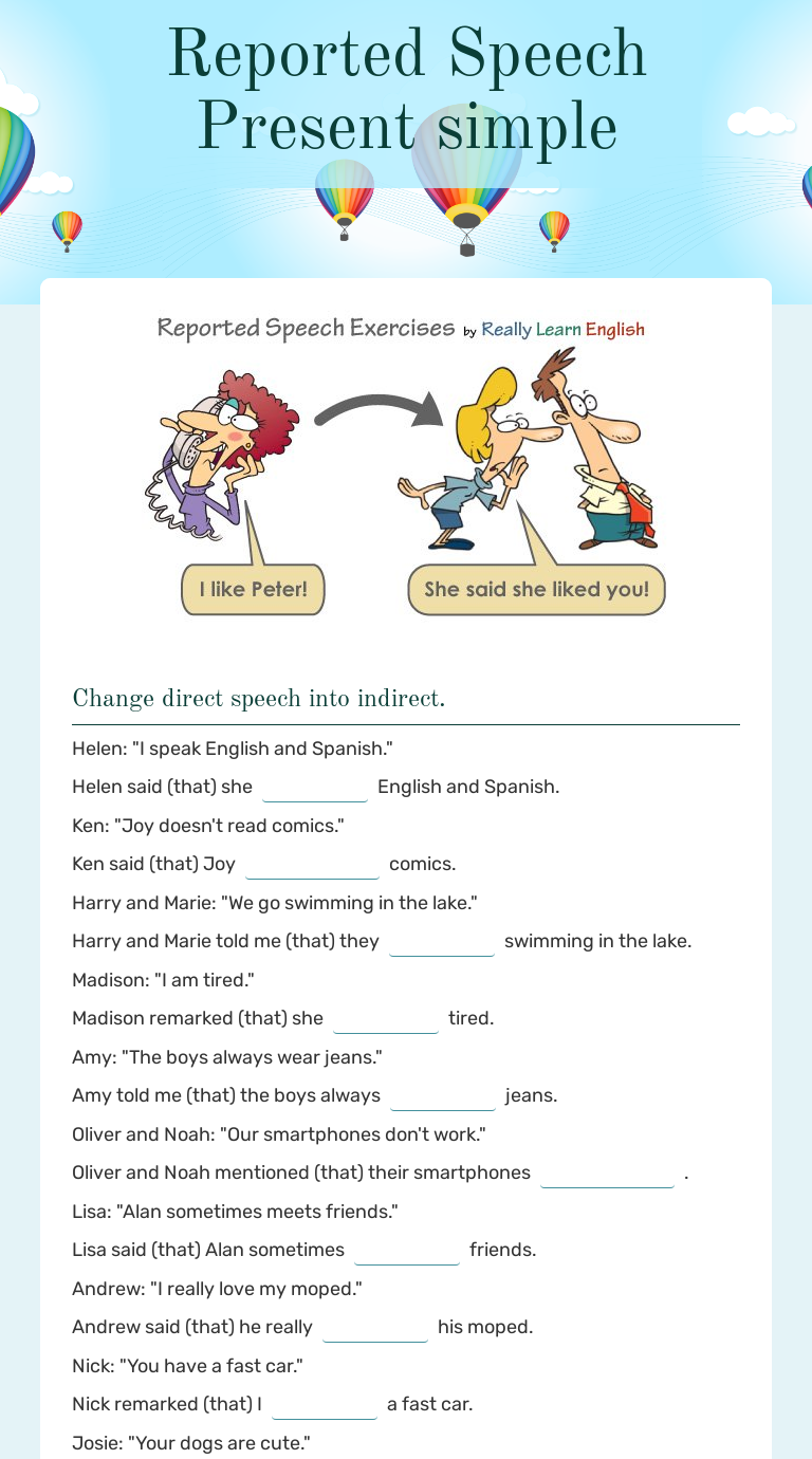 Reported Speech Present Simple Interactive Worksheet By Kristina Vaiciulienė Wizer Me