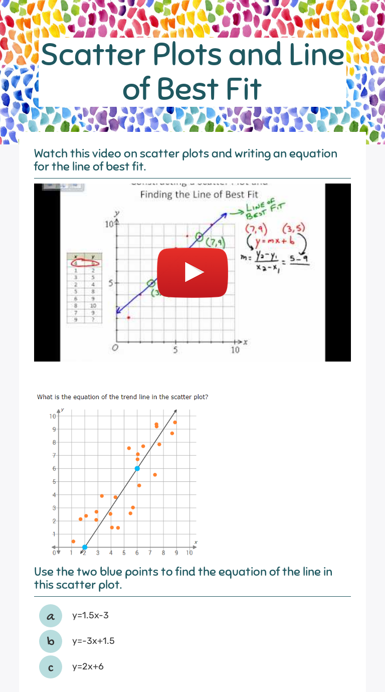Scatter Plots and Line of Best Fit  Interactive Worksheet by Hope Intended For Line Of Best Fit Worksheet