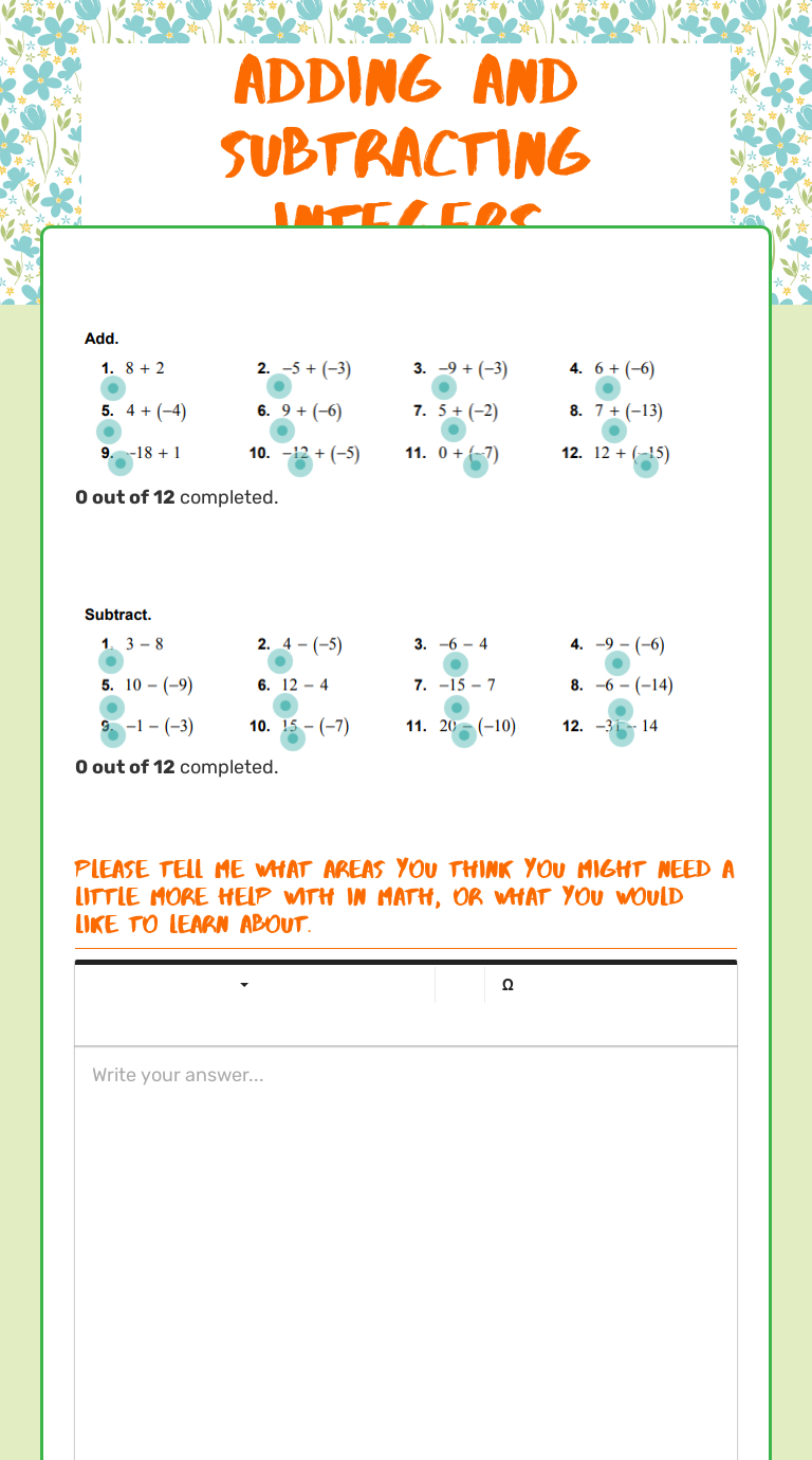 Adding and subtracting integers worksheet preview image
