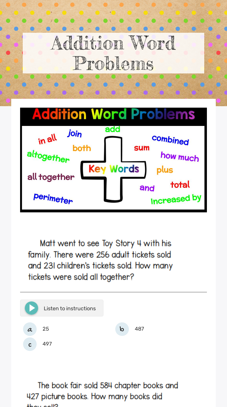 Addition Word Problems worksheet preview image
