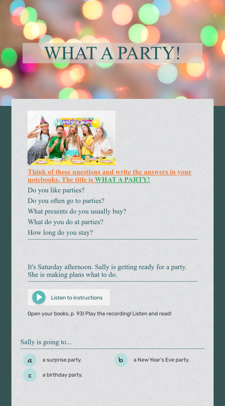 WHAT A PARTY! Interactive Worksheet by tea mađor božinović Wizer.me