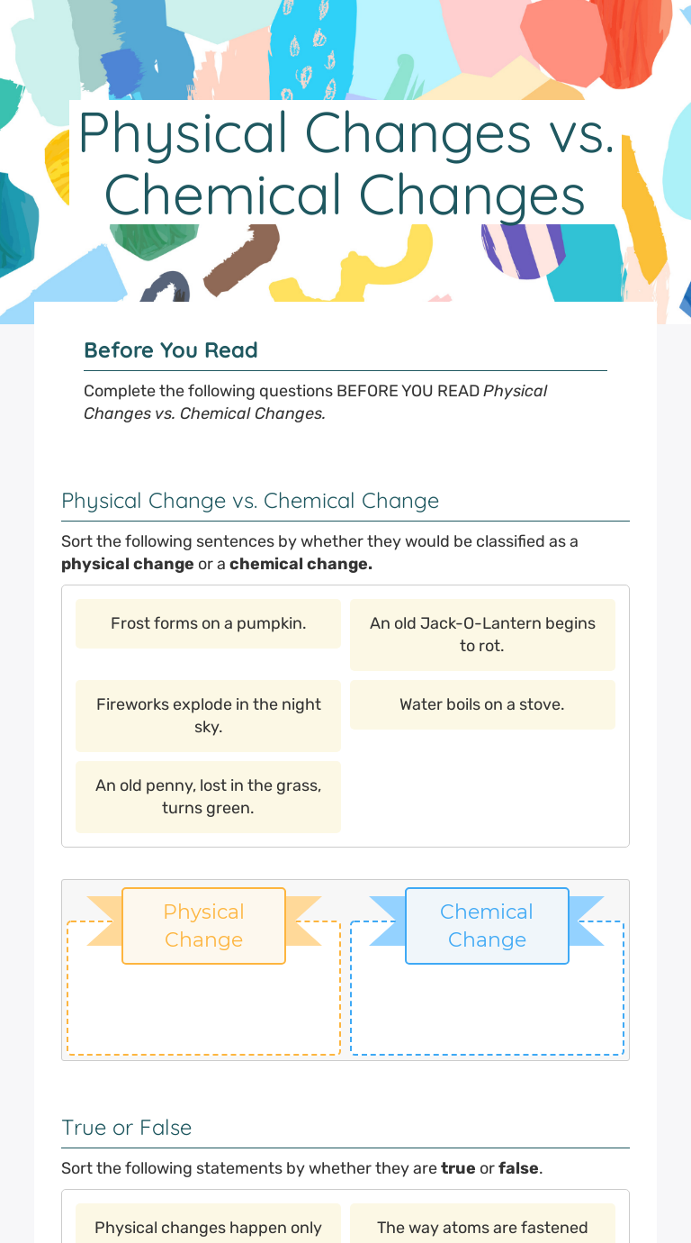 Physical Changes vs. Chemical Changes worksheet preview image