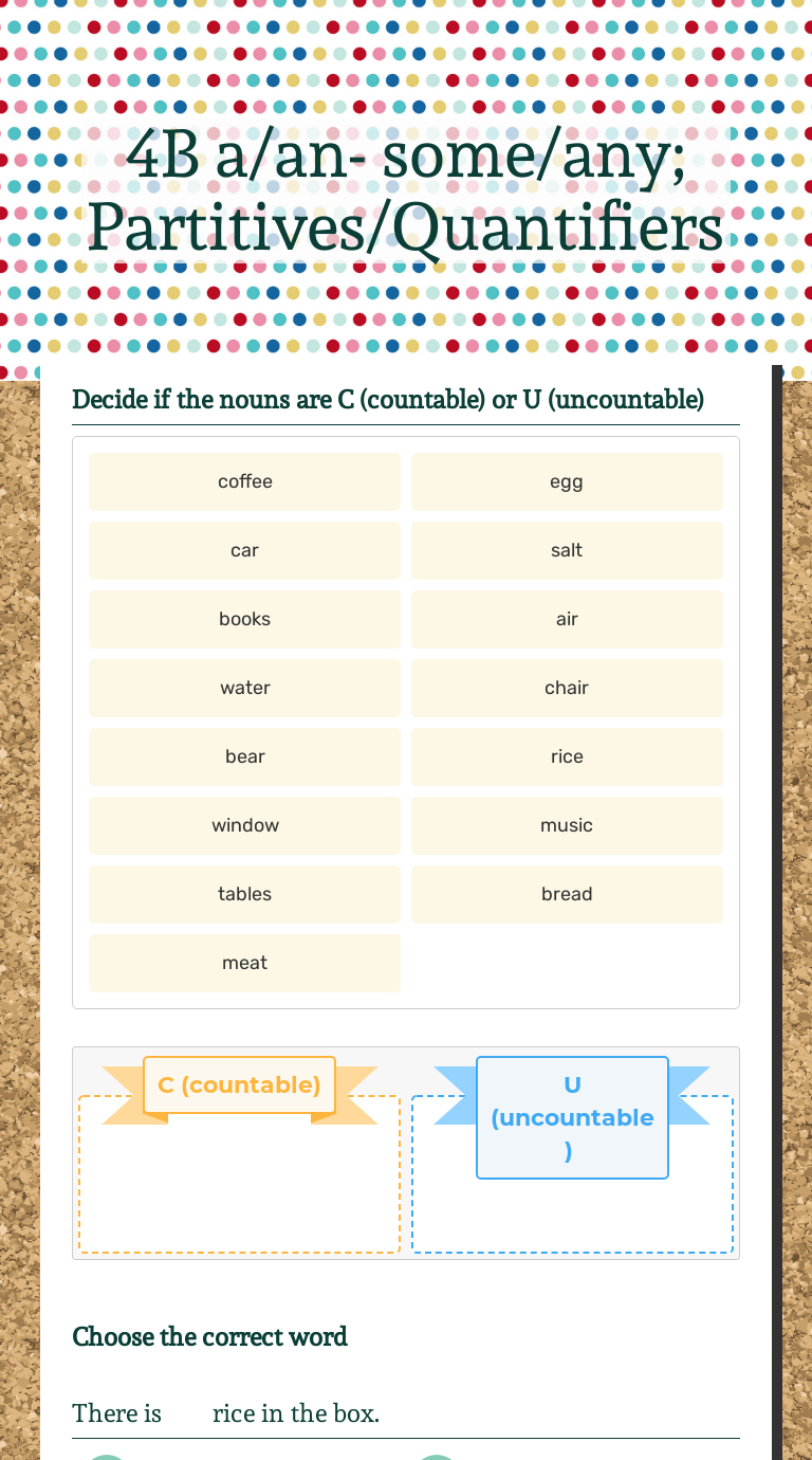 4B a/an- some/any; Partitives/Quantifiers worksheet preview image
