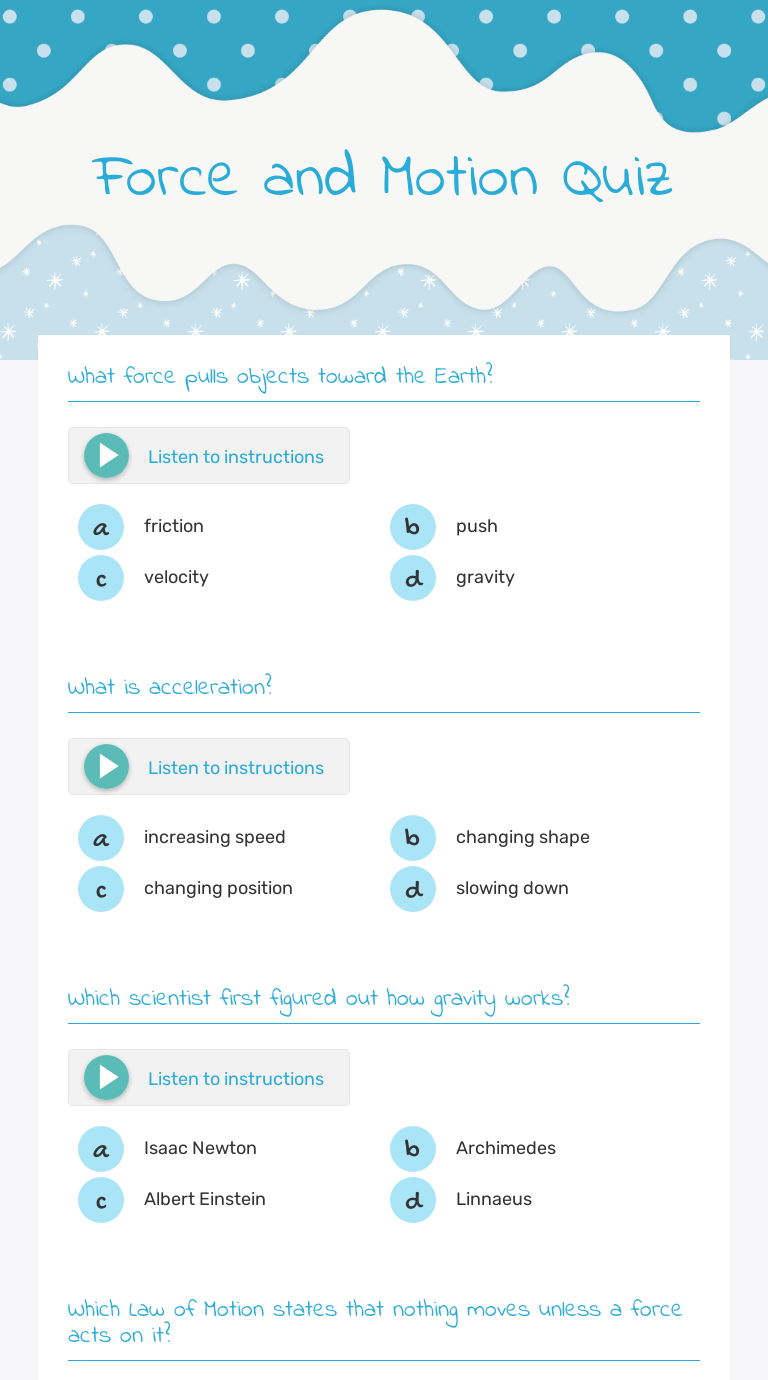 Force and Motion Quiz | Interactive Worksheet by Penny Wilson | Wizer.me