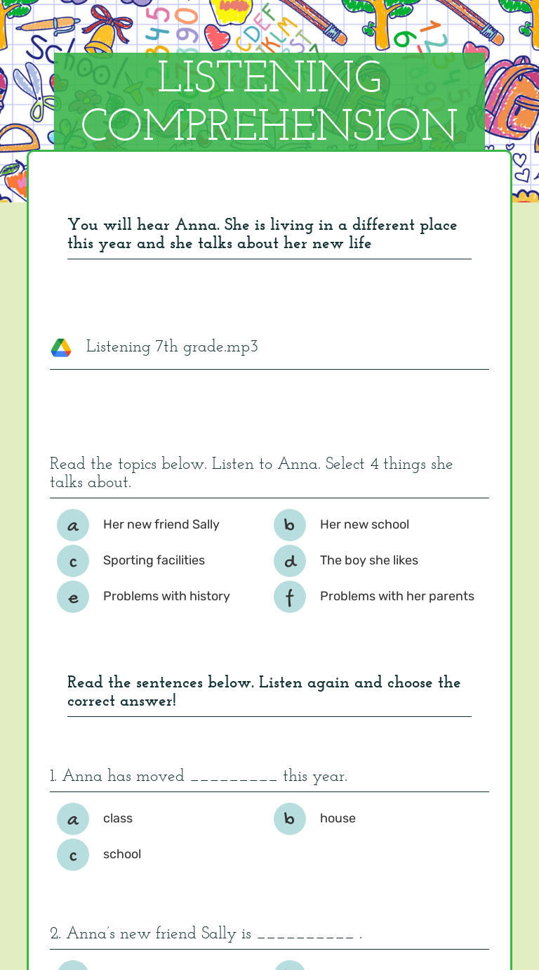 LISTENING COMPREHENSION | Interactive Worksheet By Lana Čiček | Wizer.me