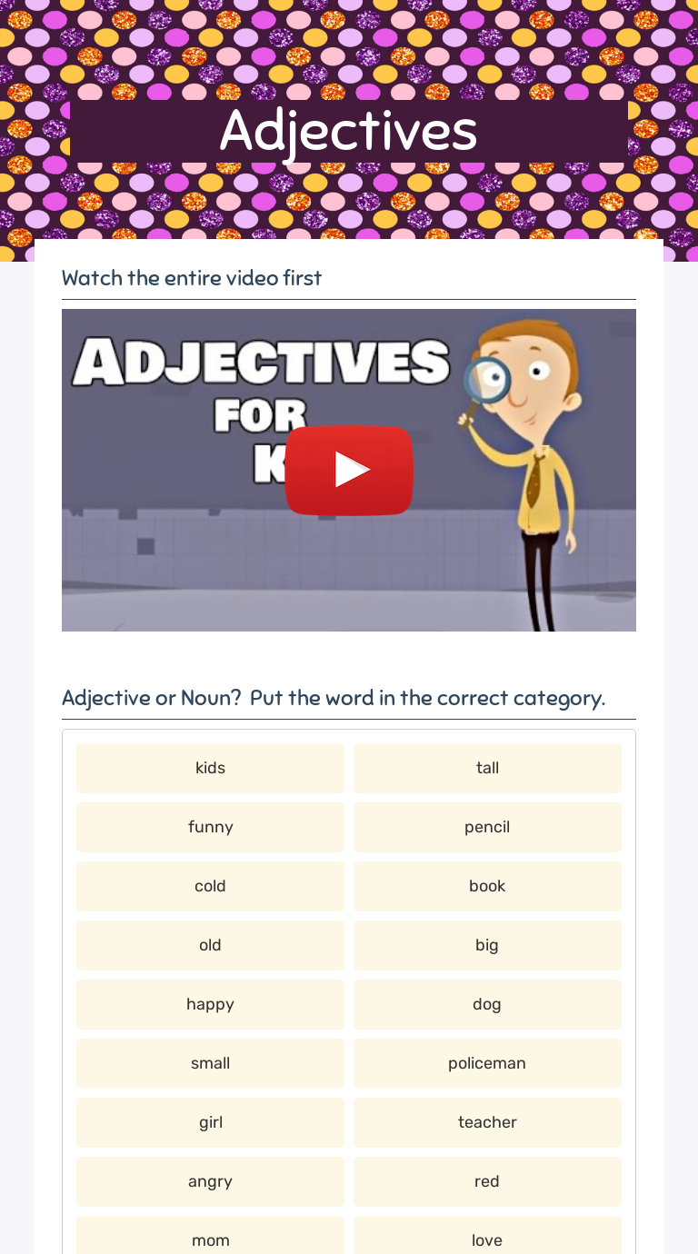 Adjectives worksheet preview image