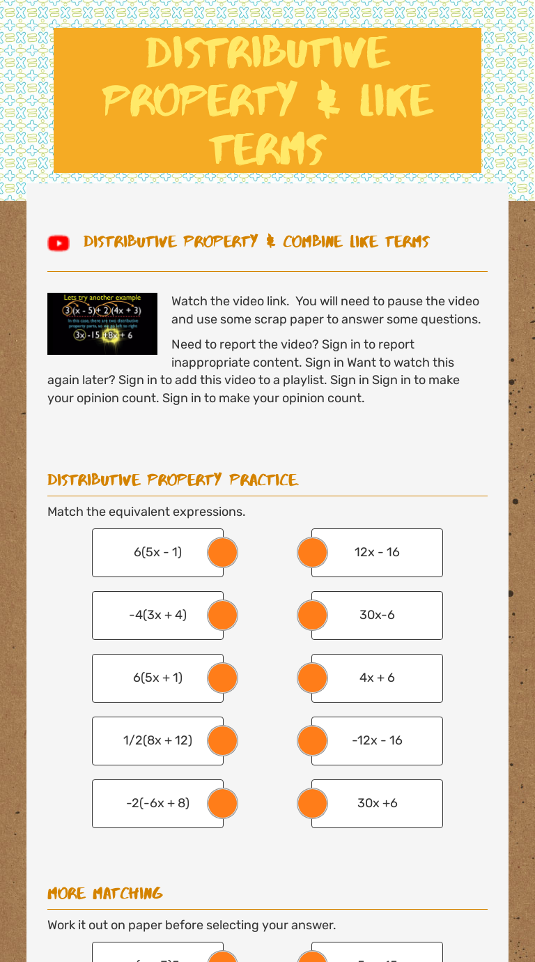 Distributive Property & Like Terms Grade 8 worksheet preview