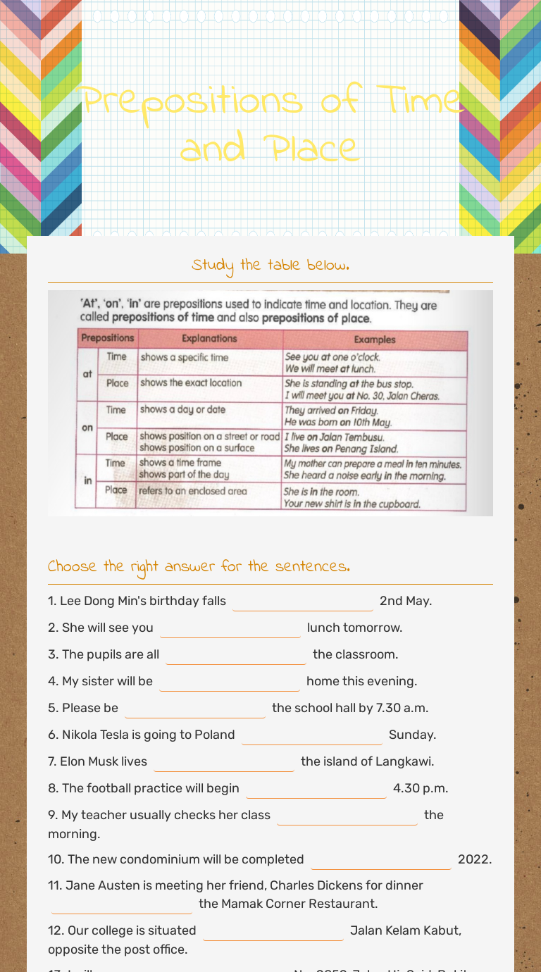 Prepositions of Time and Place worksheet preview image