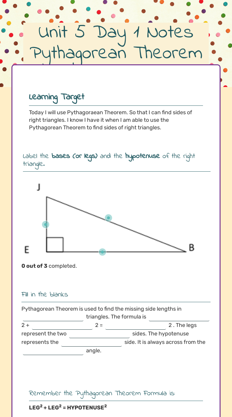 Unit 5 Day 1 Notes Pythagorean Theorem Interactive Worksheet By V Hamilton Wizer Me