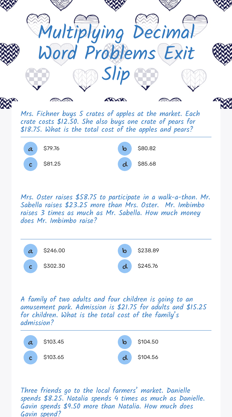 Multiplying Decimal Word Problems Exit Slip Interactive Worksheet By